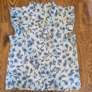 J. Crew Blue and White Floral Ruffle V-Neck Blouse